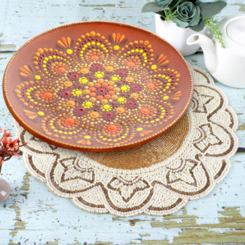 13-inch gold and off-white beaded round placemat; heat-resistant table décor