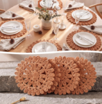 Set of 6 Bohemian round corn-husk woven placemats; ruffled design; ideal for weddings and holiday gatherings