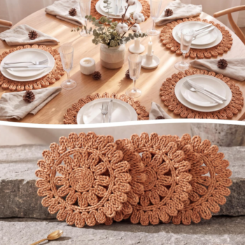 Set of 6 Bohemian round corn-husk woven placemats; ruffled design; ideal for weddings and holiday gatherings