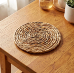 Set of 6 round drink coasters; woven material; suitable for daily use on dining and coffee tables