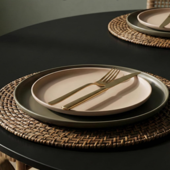 Set of 4 brown round rattan placemats; natural woven style; ideal for table décor