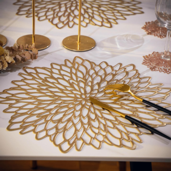 Gold round embossed leaf-pattern placemats (18-piece set) for holidays, weddings, and birthdays