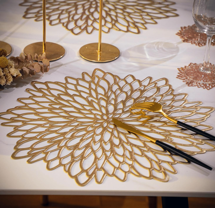 Gold round embossed leaf-pattern placemats (18-piece set) for holidays, weddings, and birthdays