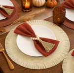Bohemian-style round woven placemat set (6-pack) with tassel accents, ideal for festive gatherings